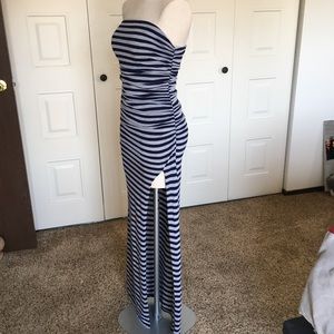 Arden B Stripped Strapless Maxi Dress With Slit